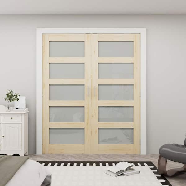 64 in. x 80 in. 5-Lite Frosted Glass Solid Core Unfinished Pine Glass Panels without Jamb Bi-fold Door with Ball Catch
