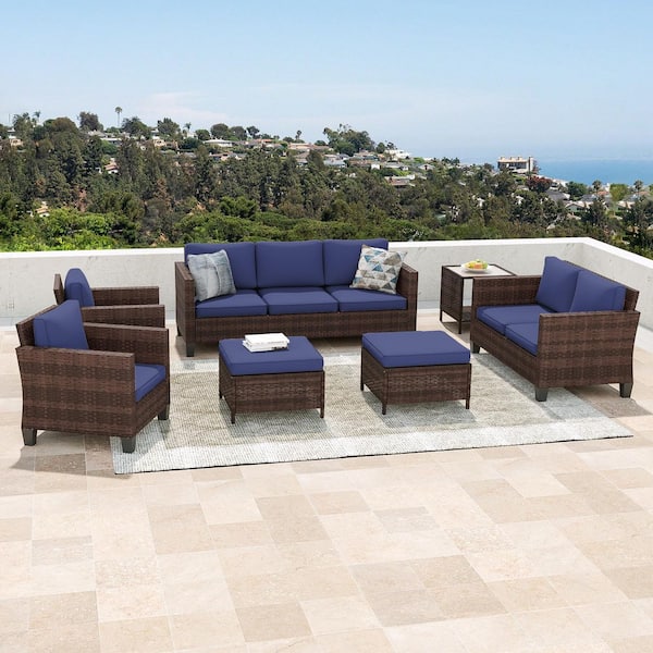 7-Pieces Patio Conversation Set with Loveseat Sofa and Side Table All-Weather Brown Wicker with Navy Blue Cushions