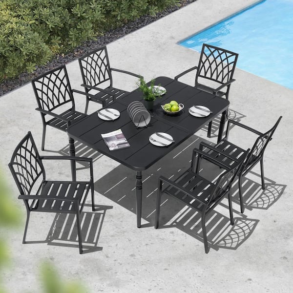 Nuu Garden Black 7-Piece Metal Rectangular Outdoor Dining Set with Umbrella Hole, Stackable Design