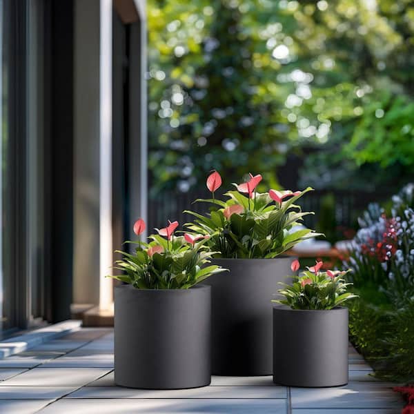 10, 13,16 in. Dia Charcoal Black Large Tall Round Concrete Planter/Garden Plant Pot for Indoor and Outdoor(Set of 3)
