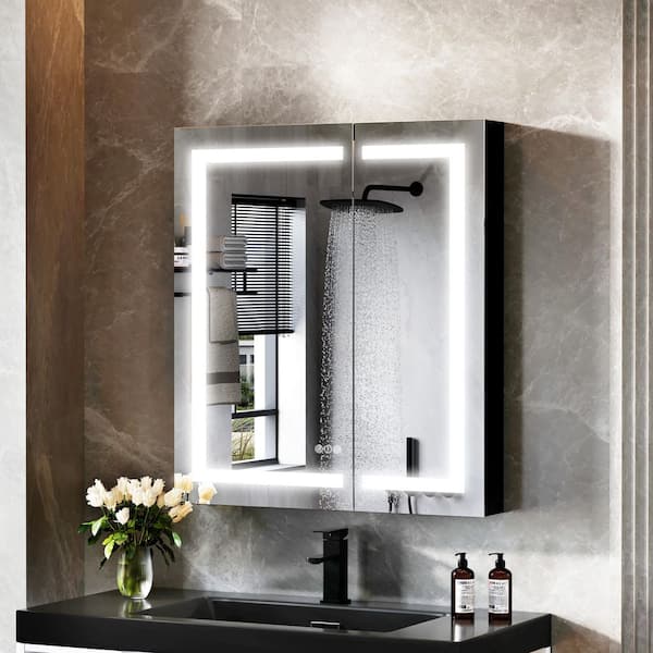 36 in. W x 32 in. H Rectangular Aluminum Recessed or Surface Mounted LED Lights Medicine Cabinet with Mirror in Black