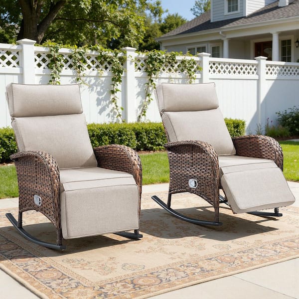 AFFort Wicker Patio Pneumatic Pump Gravity Adjustment Outdoor Rocking Chair with Beige Cushions (2-Pack)