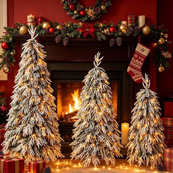 3-Pack Pre-Lit Flocked Weeping Christmas Trees, 4 ft/5 ft/6 ft Snowy Artificial Xmas Trees with Sturdy Metal Stand PP523023K
