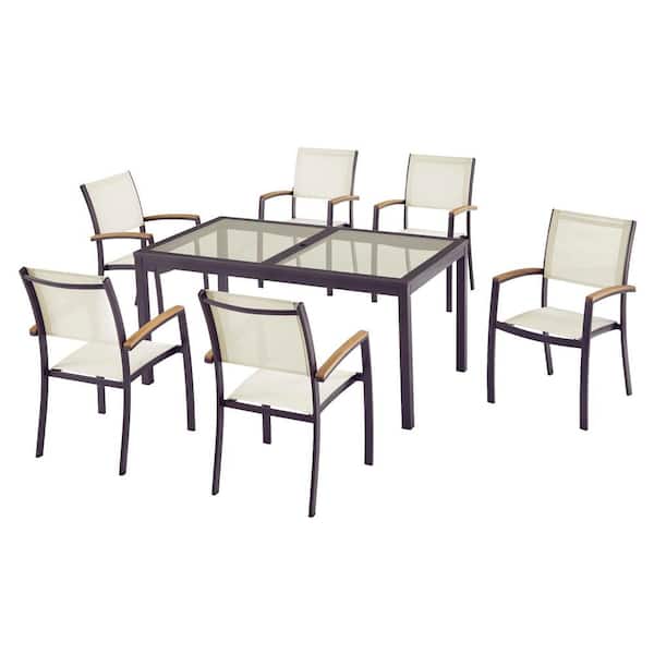 Hampton Bay Baymont 7-Piece Aluminum Patio Outdoor Patio Dining Set with Smoked Glass Table Top and Sling Dining Chairs