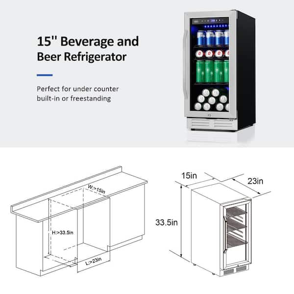 Costway - 15 inch Beverage Cooler Refrigerator 100 Can Built-in or Freestanding Wine Fridge with LED Lights and Adjustable Shelf - FP10126US-SL