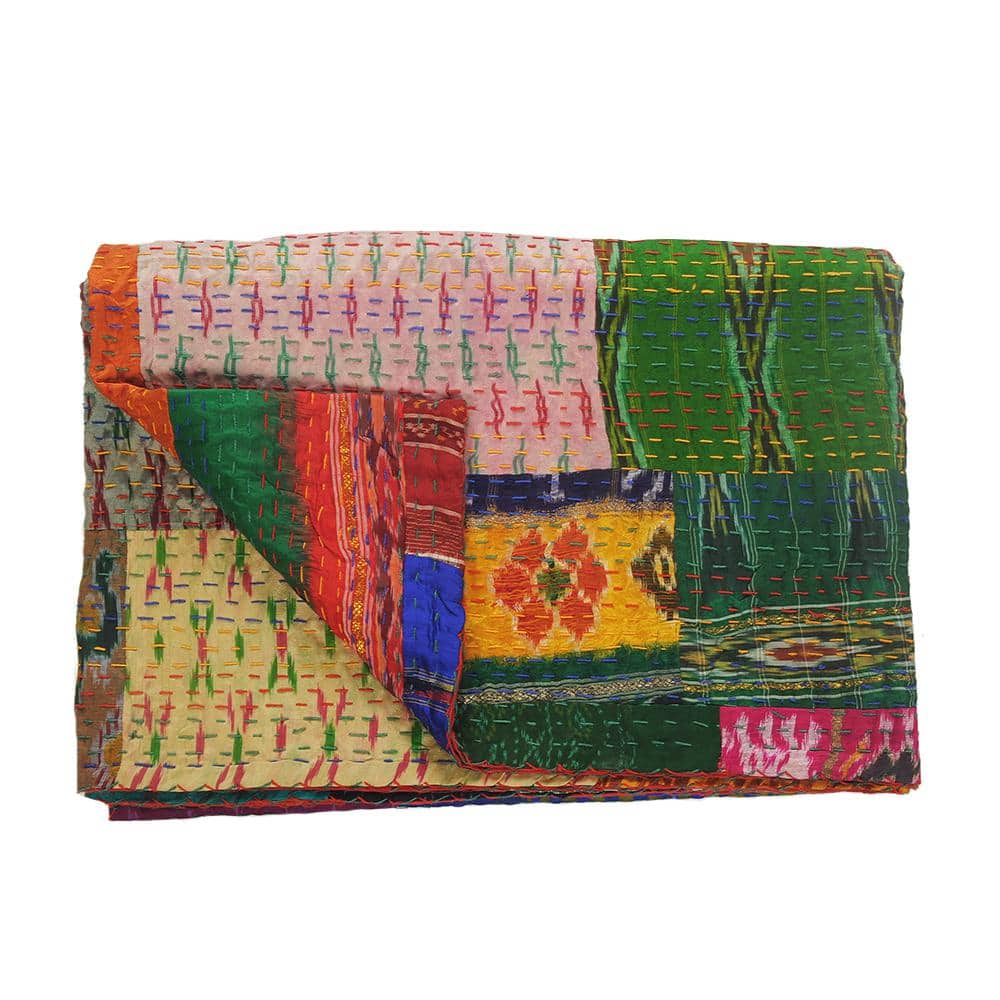 Multicolor Cotton and Silk Patchwork Throw Blanket