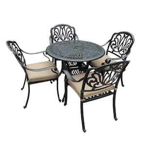 5-Piece Cast Aluminum Outdoor Dining Set with Beige Cushions