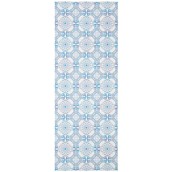 Vinyl Floor 3 ft. x 7 ft. Blue/Ivory Geometric Floral Runner Rug