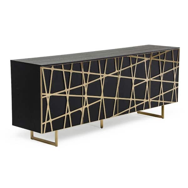 Benjara Black and Gold Wood Top 18 in. Sideboard with 4-Doors