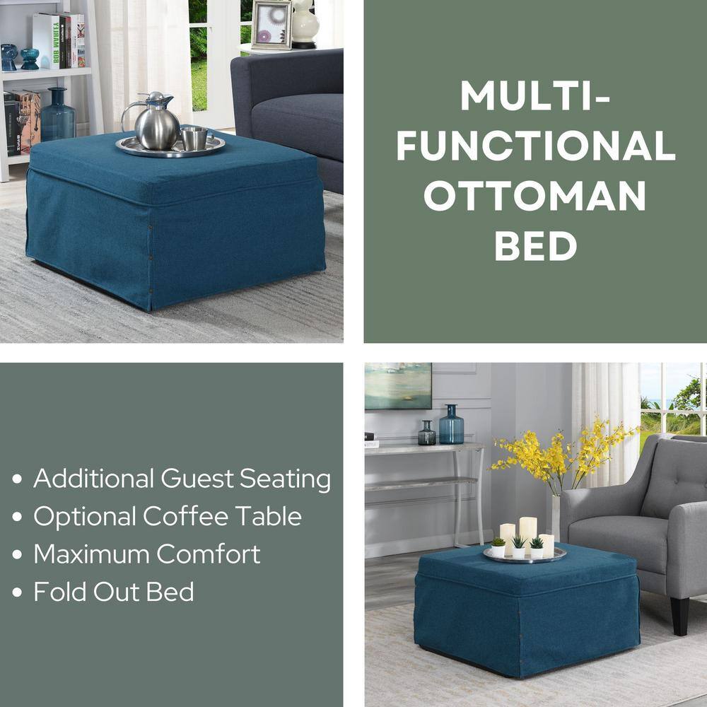 Soft Blue Fabric Convertible Ottoman Twin Bed with Metal Frame