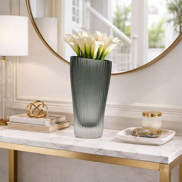 Smoke 11 in. Sandblaste Cylinder Glass Vase