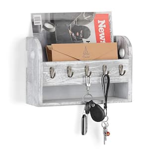 Rustic White Mail and Key Holder for Wall with 5 Key Hooks, Rustic Wall Mail Sorter with Shelf