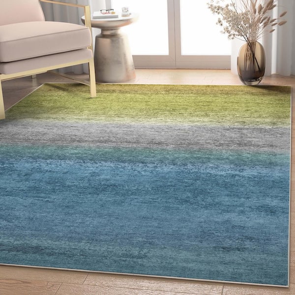 Blue Green 9 ft. 10 in. x 13 ft. Abstract Sunset Vintage Boho Gradient Flat-Weave Area Rug