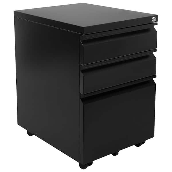 3-Drawer Black Metal 15.3 in. W Under Desk Pedestal File Cabinet w/Wheels, Rolling Storage w/Lock, Mobile Space Saving