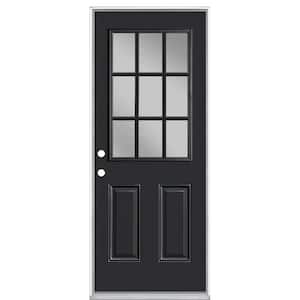 36 in. x 80 in. 9 Lite Jet Black Right-Hand Inswing Painted Smooth Fiberglass Prehung Front Door with No Brickmold