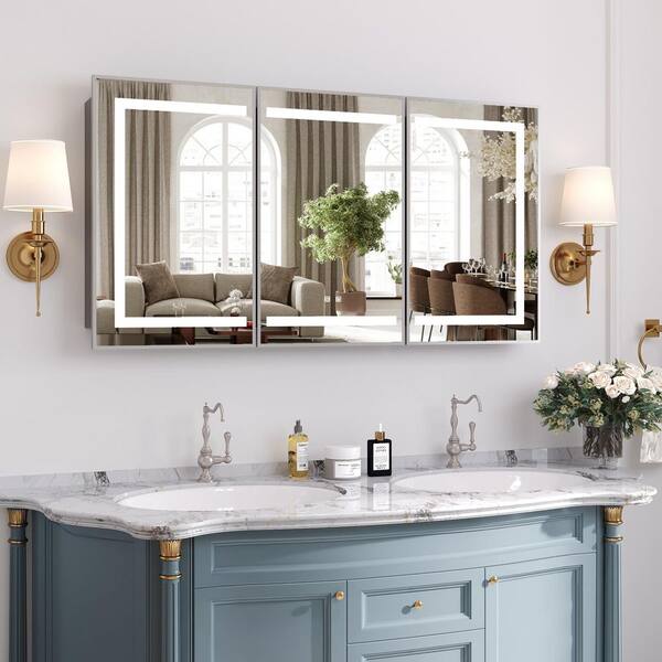 48 in. W x 32 in. H Large Rectangular Silver Wall Mount LED Lighted Medicine Cabinet with Mirror