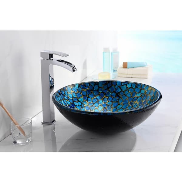 Mosaic Series 17 in. Bathroom Vessel Sink with Scratch-Tough and Stain-Resistant Non-Porous Surface in Blue Glass