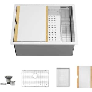24" Workstation Undermount Kitchen Sink, 16 Gauge Stainless Steel Single Bowl with Bamboo Cutting Board and Drain Tray