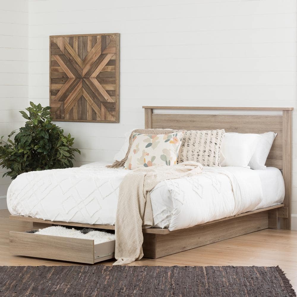 Queen Rustic Oak Platform Bed with Storage Drawer