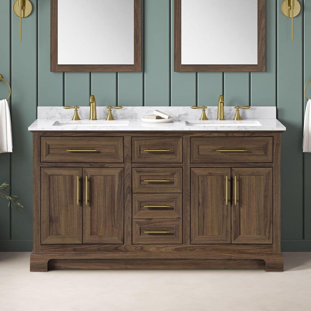 Doveton 60 in. Double Sink Dark Walnut Bath Vanity with White Engineered Ma