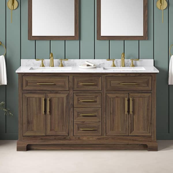 Doveton 60 in. Double Sink Dark Walnut Bath Vanity with White Engineered Marble Top (Assembled)