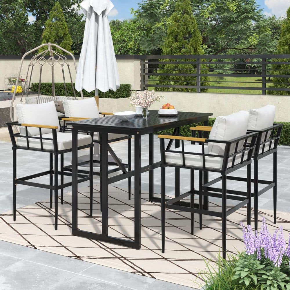 5-Piece Metal Outdoor Dining Set with Beige Cushions and Acacia Wood Armres
