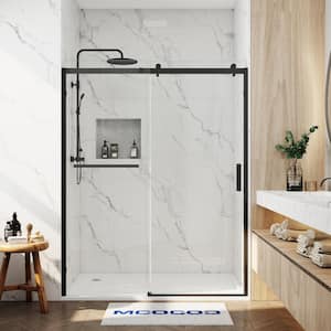 60 in. W x 76 in. H Single Sliding Semi-Frameless Shower Door in Matte Black with Smooth Sliding and 3/8 in. Clear Glass