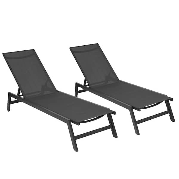 Runesay Black 2-Piece Metal Outdoor Chaise Lounge Patio Chair with 5-Position Adjustable Aluminum Recliner and 2 Wheels