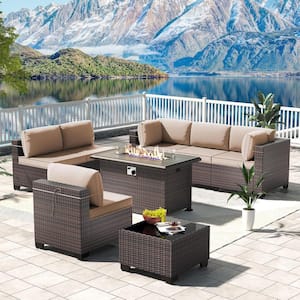 8-Piece Wicker Patio Conversation Set with 55000 BTU Gas Fire Pit Table and Glass Coffee Table and Sand Cushions