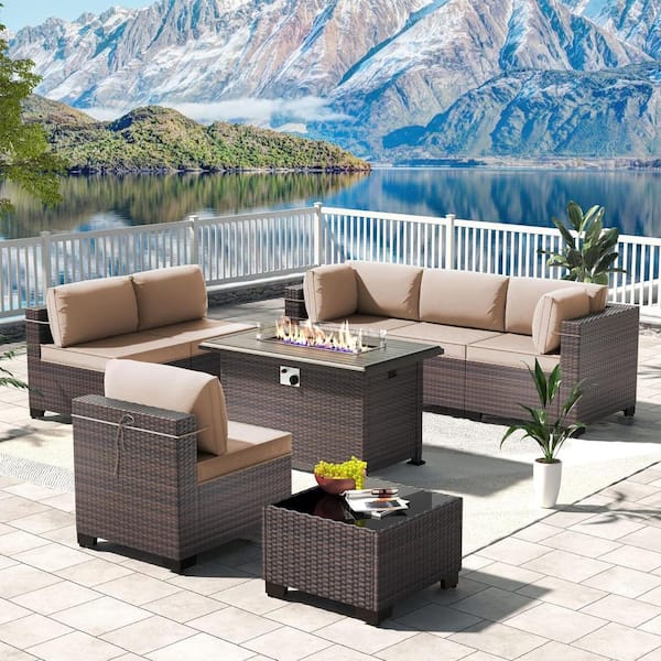 Halmuz 8-Piece Wicker Patio Conversation Set with 55000 BTU Gas Fire Pit Table and Glass Coffee Table and Sand Cushions