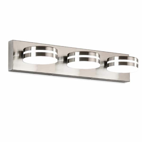 3-Light 24 in. Brushed Nickel LED Vanity Light, 18W Dimmable 5500K, 360-Degree Rotating Heads, Acrylic Shade