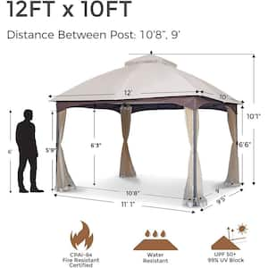 10 ft. x 12 ft. Soft Top Metal Outdoor Gazebo with Mosquito Net and Awning, Double Layer Roof Canopy, Steel Tent