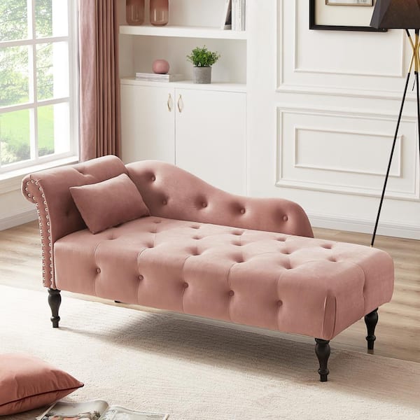 Pink Velvet One Rolled Arm Indoor Chaise Lounge with a Pillow, Tufted Button Chaise