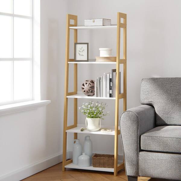 White Wood 5 Shelf Tier Ladder Bookcase, Four Tier White Ladder Bookcase Shelf