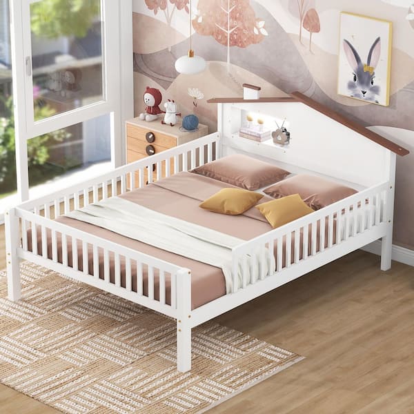 Harper & Bright Designs White Wood Frame Full Size Platform Bed with Built-in Storage and LED Light Headboard