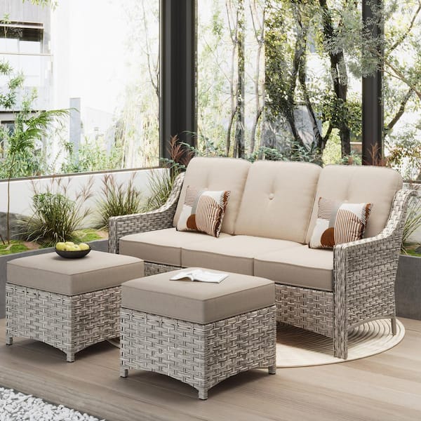 Eureka Grey 3-Piece Modern Wicker Outdoor Patio Conversation Sofa Seating Set with Beige Cushions