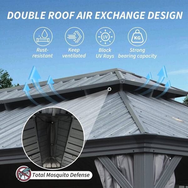 12 ft. x 20 ft. Gray Metal Galvanized Steel Roof Hardtop Gazebo with Curtains and Netting