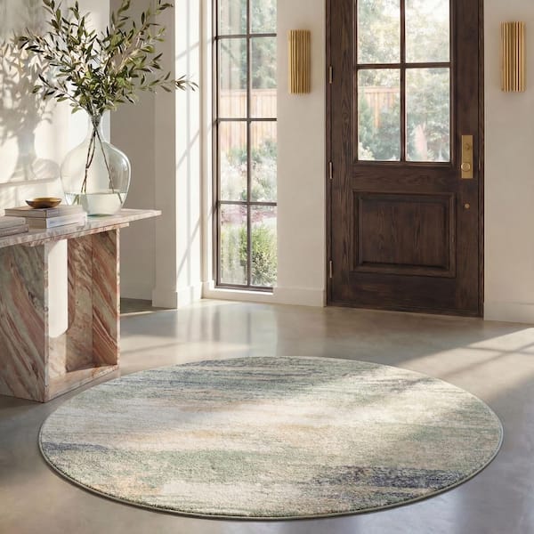 Adirondack 9 ft. x 9 ft. Round Ivory/Sage Solid Color Distressed Area Rug