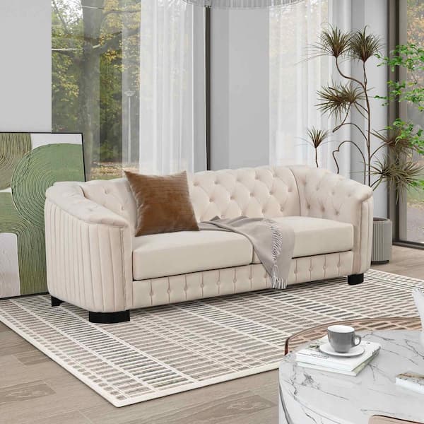 82 in. Square Arm Velvet Rectangle Sofa with Rubber Wood Legs in Beige