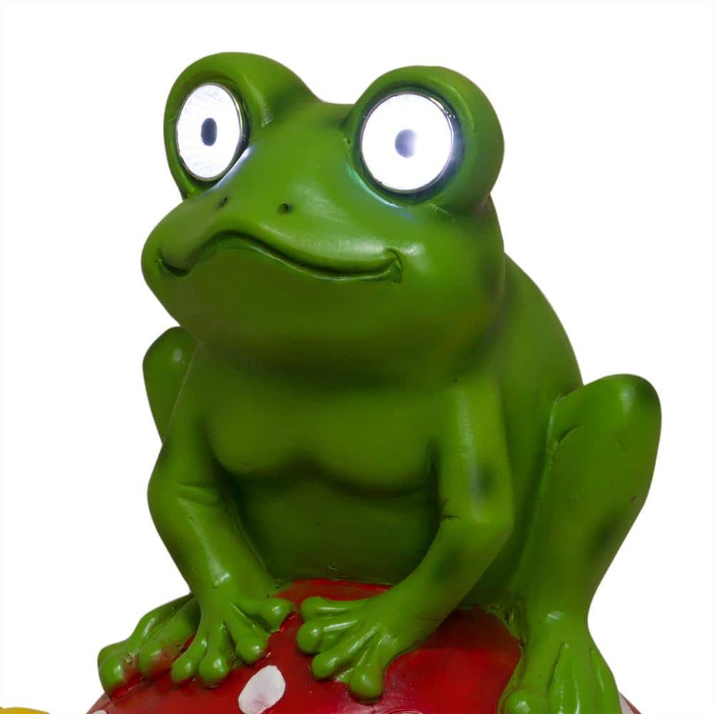 Solar-Powered Frog on Mushroom Polyresin Garden Statue with LED Eyes