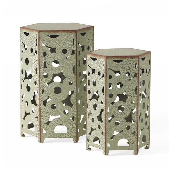 ITOPFOX Antique Green Iron Outdoor Dining Decoration Hollow Out Crackle Pattern with Adjustable Levelers 2 Accent Coffee Tables