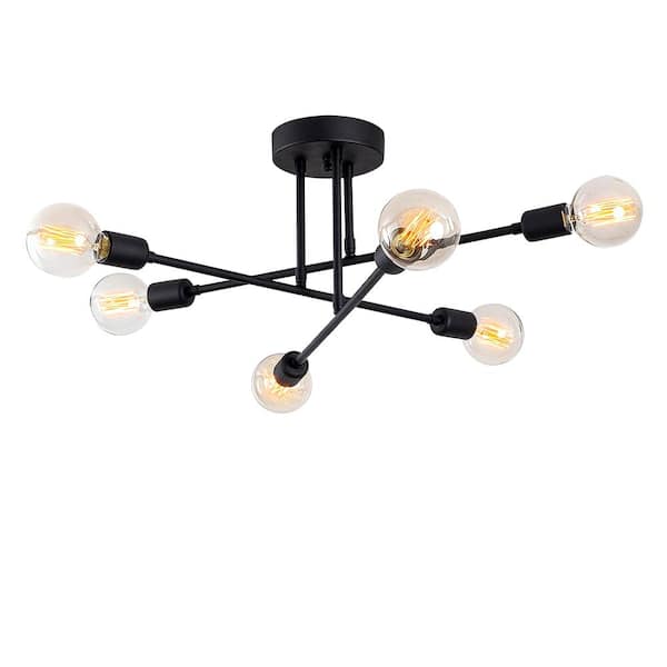 YANSUN 16 in. 6-Light Black Sputnik Modern Linear Semi Flush Mount
