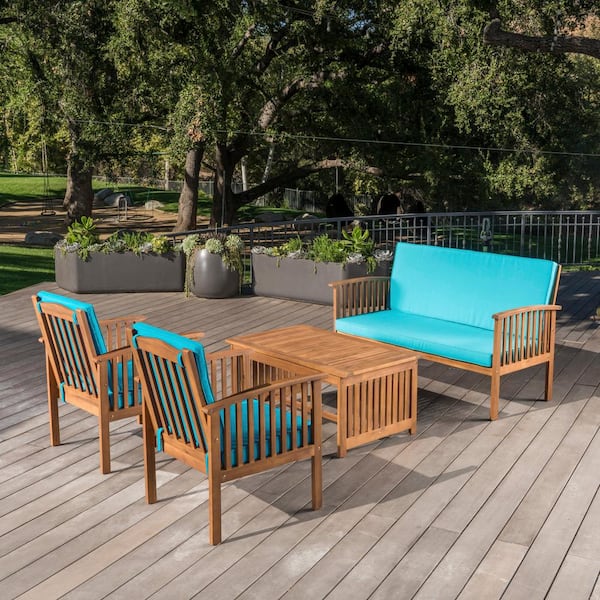 Noble House 4-Piece Wood Patio Conversation Set with Teal Cushions
