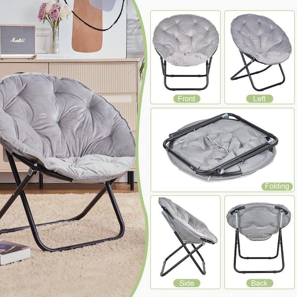 Folding Moon Chair with Faux Fur Seat, Gray Saucer Chair for Teens, Adults No-Assembly Accent Chair for Bedroom or Dorm