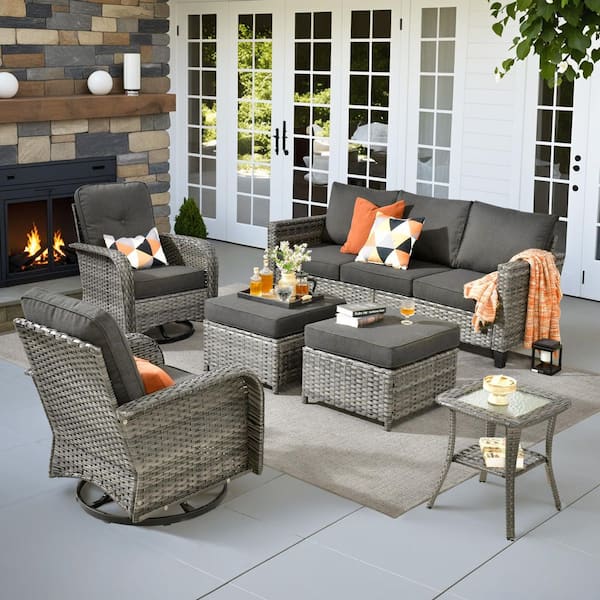 Daphne 6-Piece Wicker Patio Conversation Sofa Seating Swivel Rocking Chairs Set with Ottomans and Black Cushions