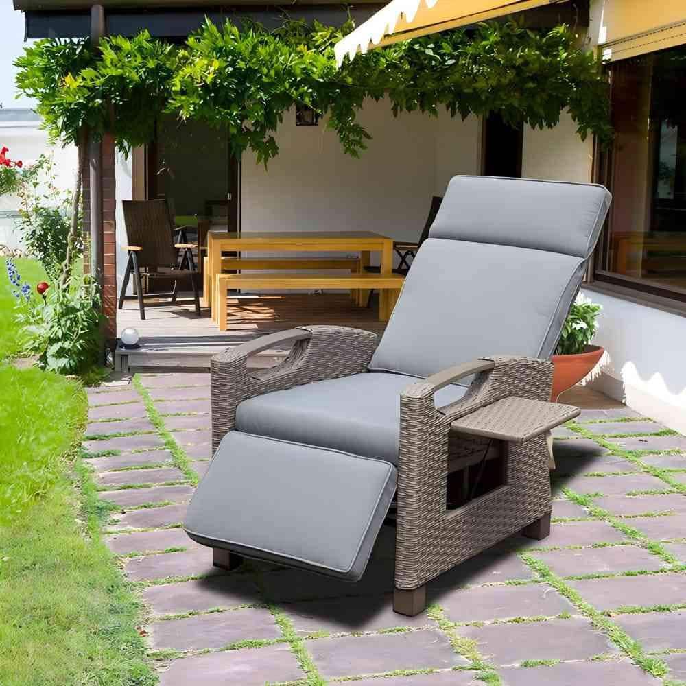 Metal Outdoor Recliner Chair with Gray Cushions and Side Table, Adjustable 