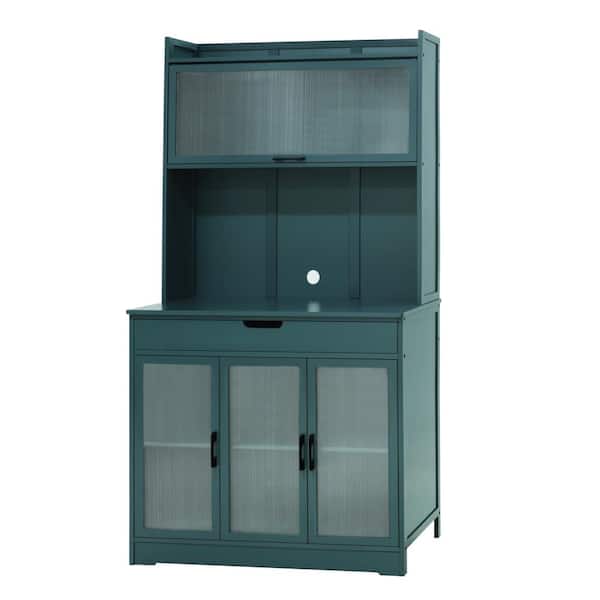 VEIKOUS Teal Blue Wood 39 in. W Kitchen Pantry Cabinet Storage with Adjustable Shelves, Buffet Cupboard and Microwave Stand