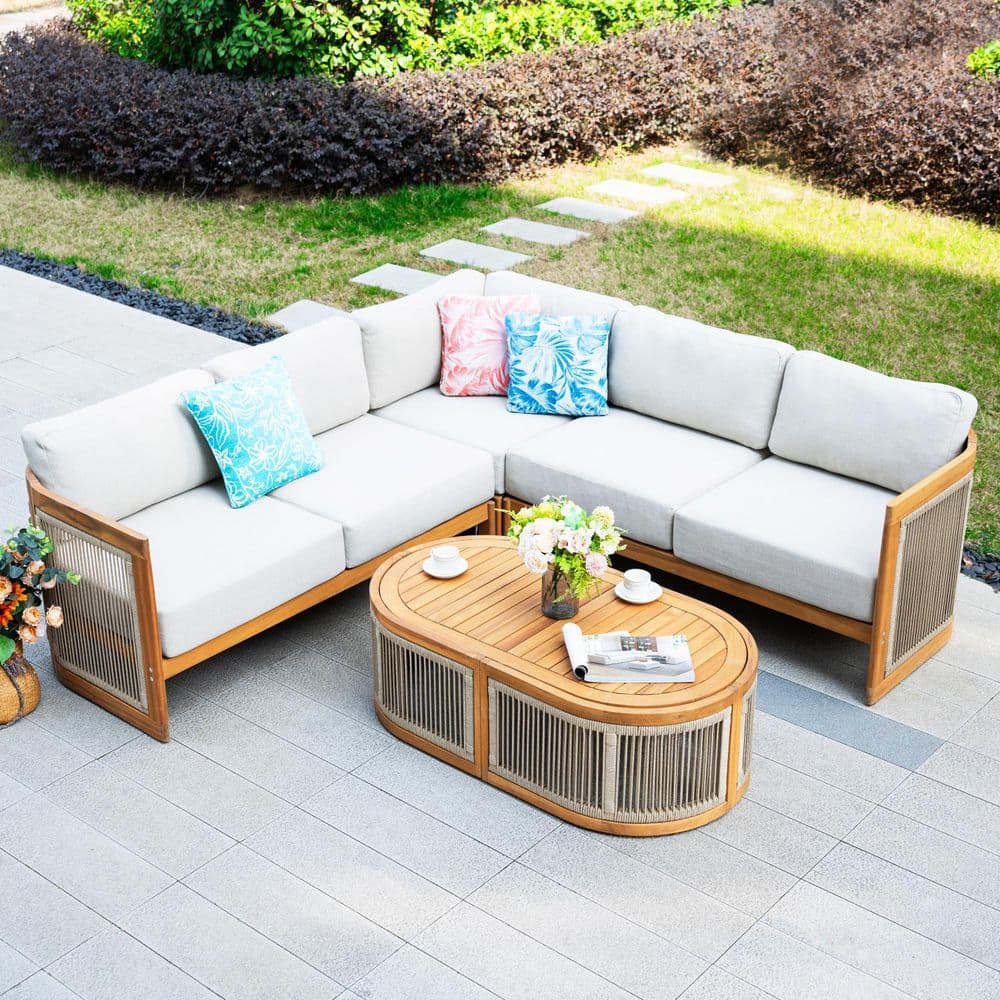 Numa 4-Piece Acacia Wood Patio Conversation Sofa Set with Beige Cushions