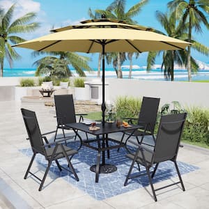 6-Piece Metal Patio Outdoor Dining Set with Black Folding Reclining Sling Chairs and Beige Umbrella