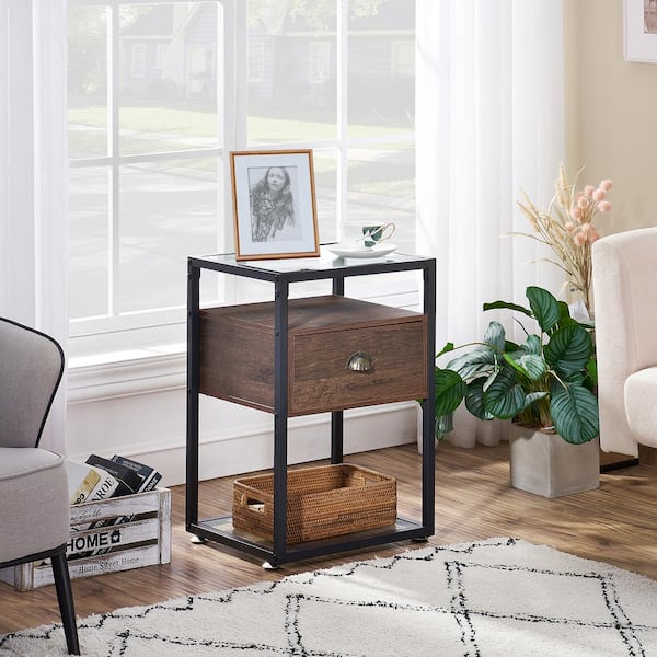 VECELO Nightstand Bedside Table Living Room Sofa End Table Transparent Glass Table Top, Brown, 23.6"Tx13.8"Wx15.7"L